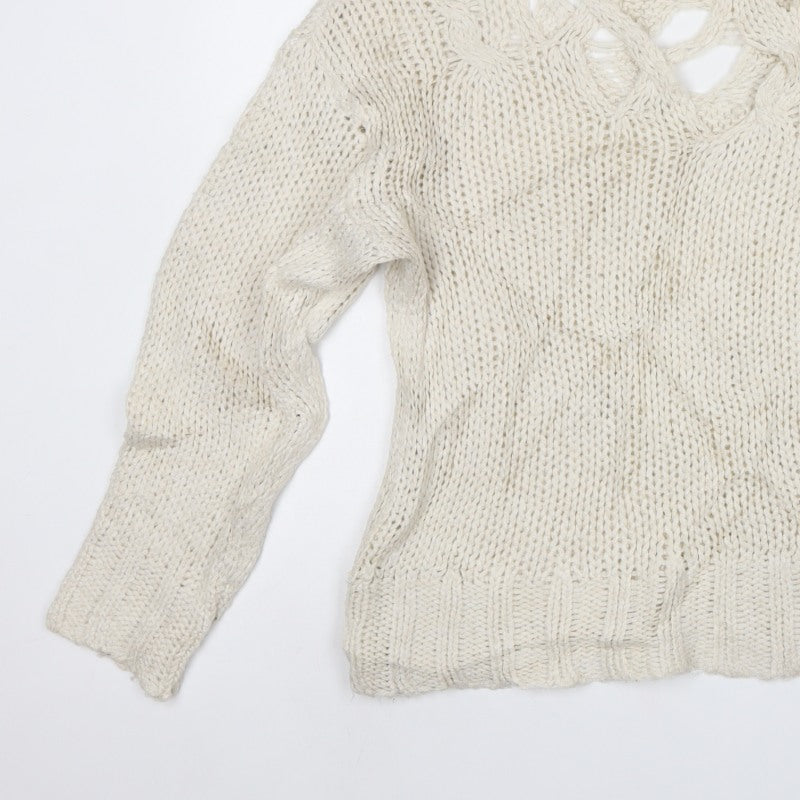 Zara Women Ivory M Cable Knit Openwork Crew Neck Jumper