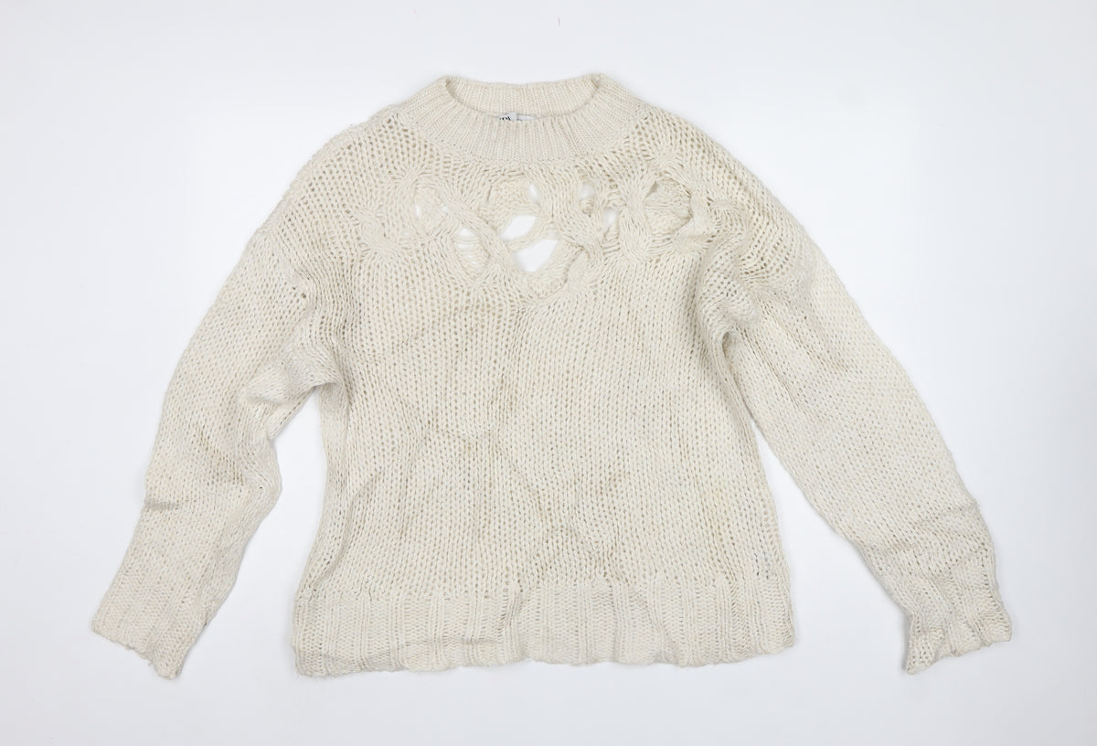 Zara Women Ivory M Cable Knit Openwork Crew Neck Jumper