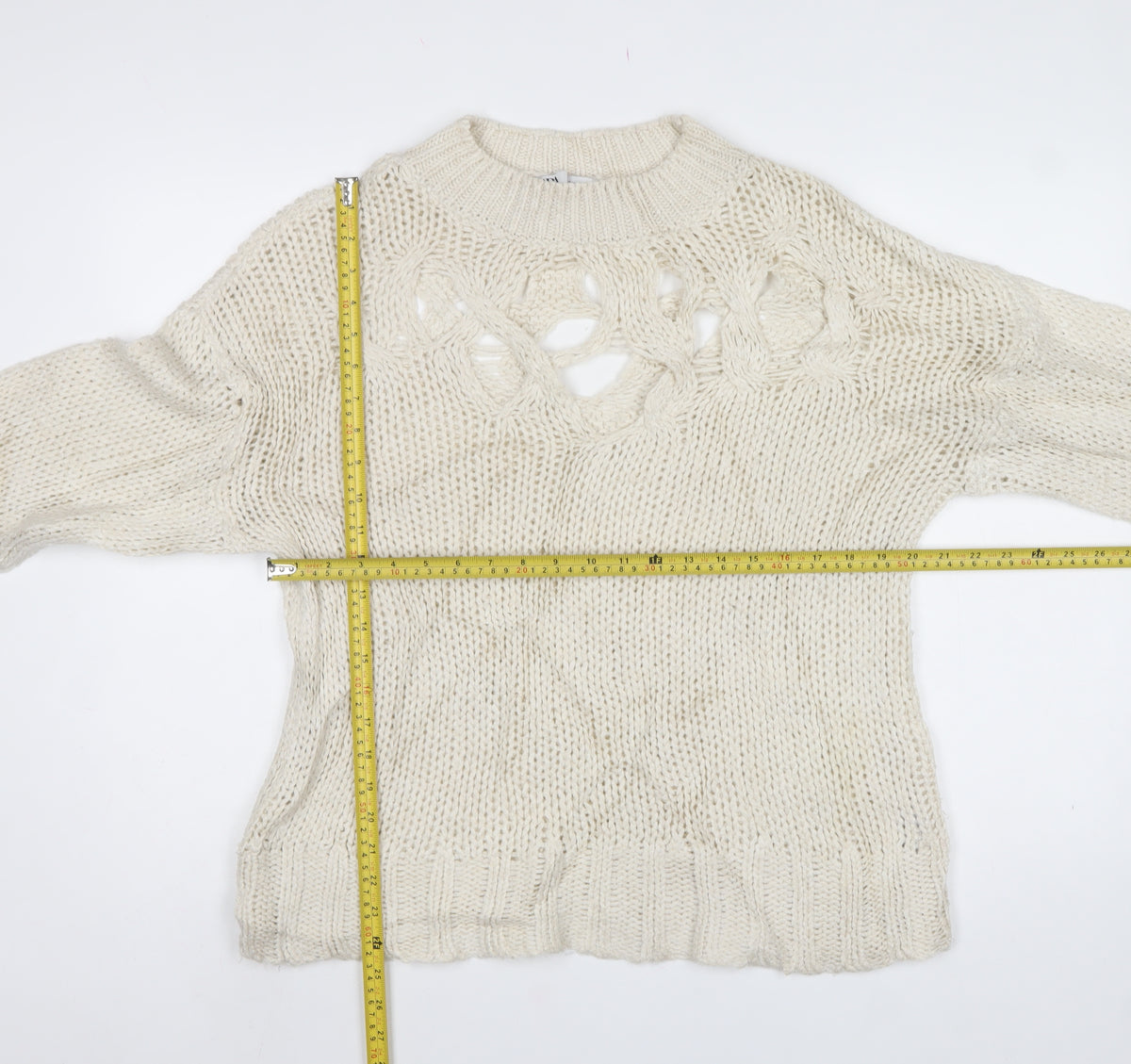 Zara Women Ivory M Cable Knit Openwork Crew Neck Jumper
