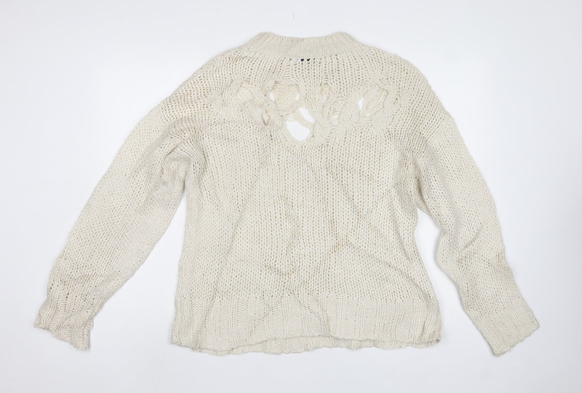 Zara Women Ivory M Cable Knit Openwork Crew Neck Jumper