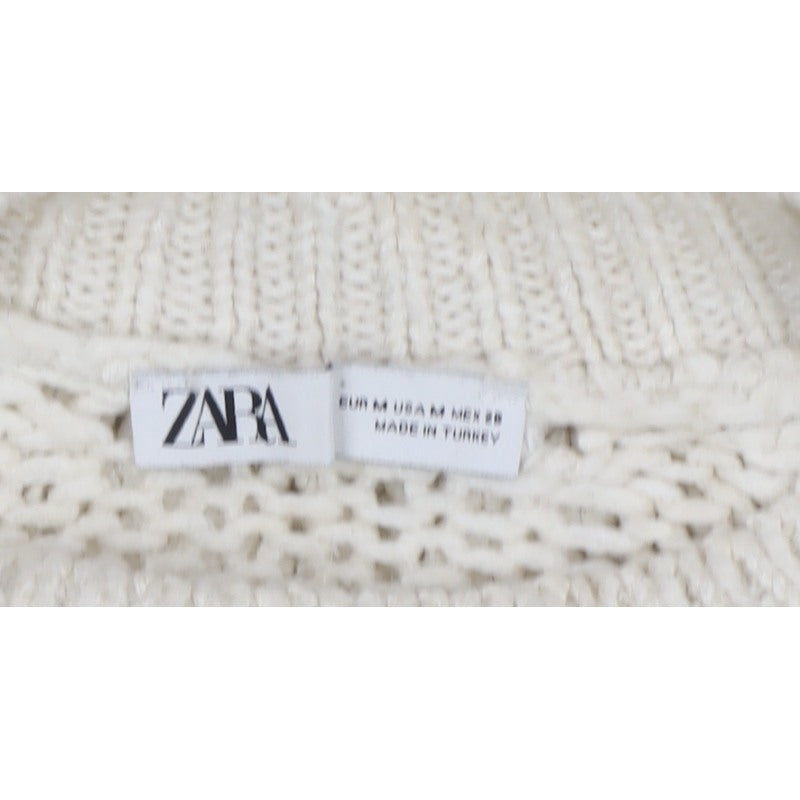 Zara Women Ivory M Cable Knit Openwork Crew Neck Jumper