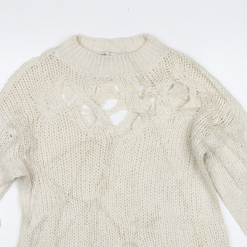 Zara Women Ivory M Cable Knit Openwork Crew Neck Jumper