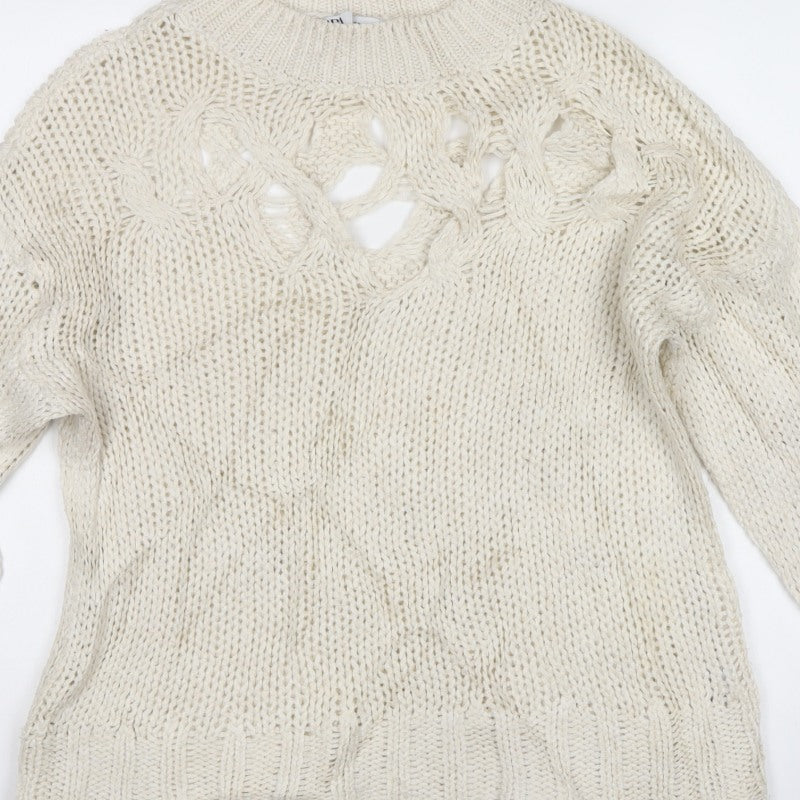 Zara Women Ivory M Cable Knit Openwork Crew Neck Jumper