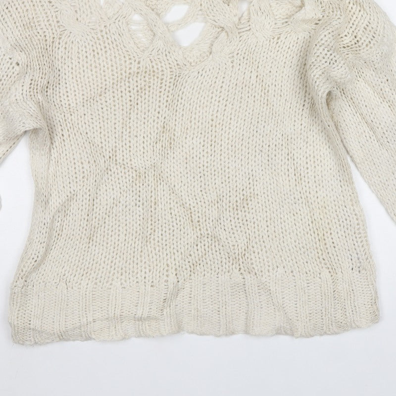 Zara Women Ivory M Cable Knit Openwork Crew Neck Jumper