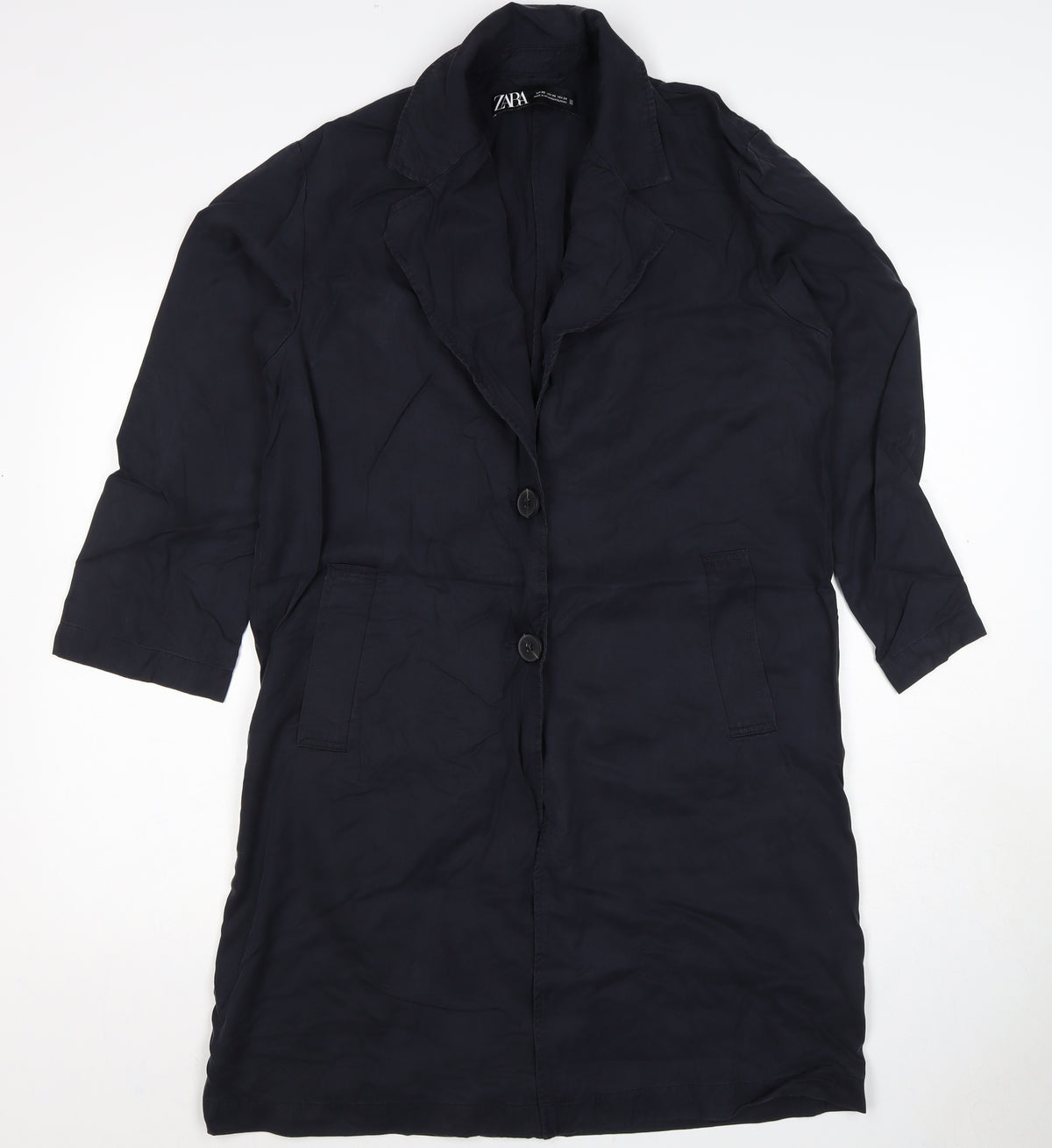 Zara Women Black UK 6 Long Overcoat Lyocell Button Pockets