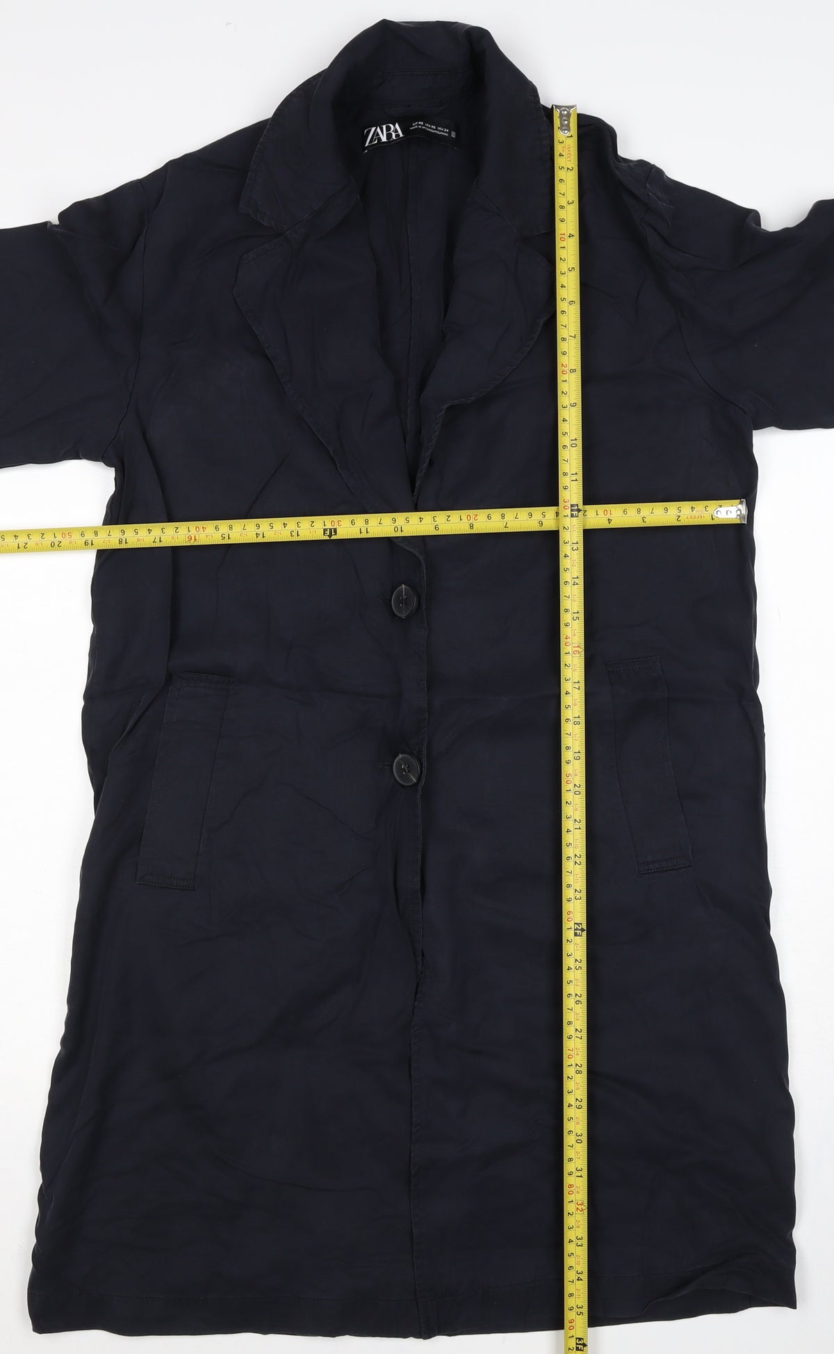 Zara Women Black UK 6 Long Overcoat Lyocell Button Pockets