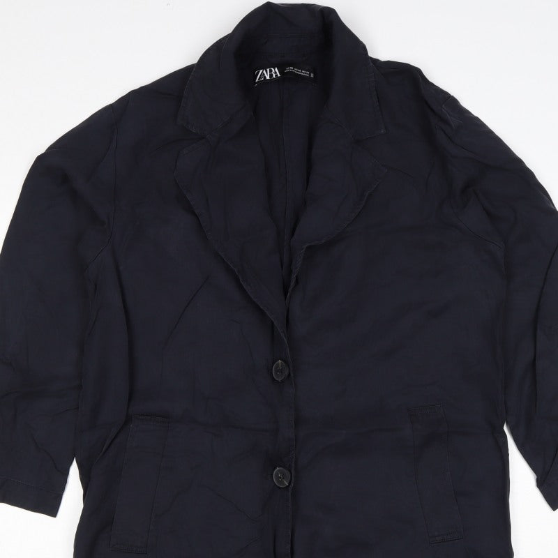 Zara Women Black UK 6 Long Overcoat Lyocell Button Pockets