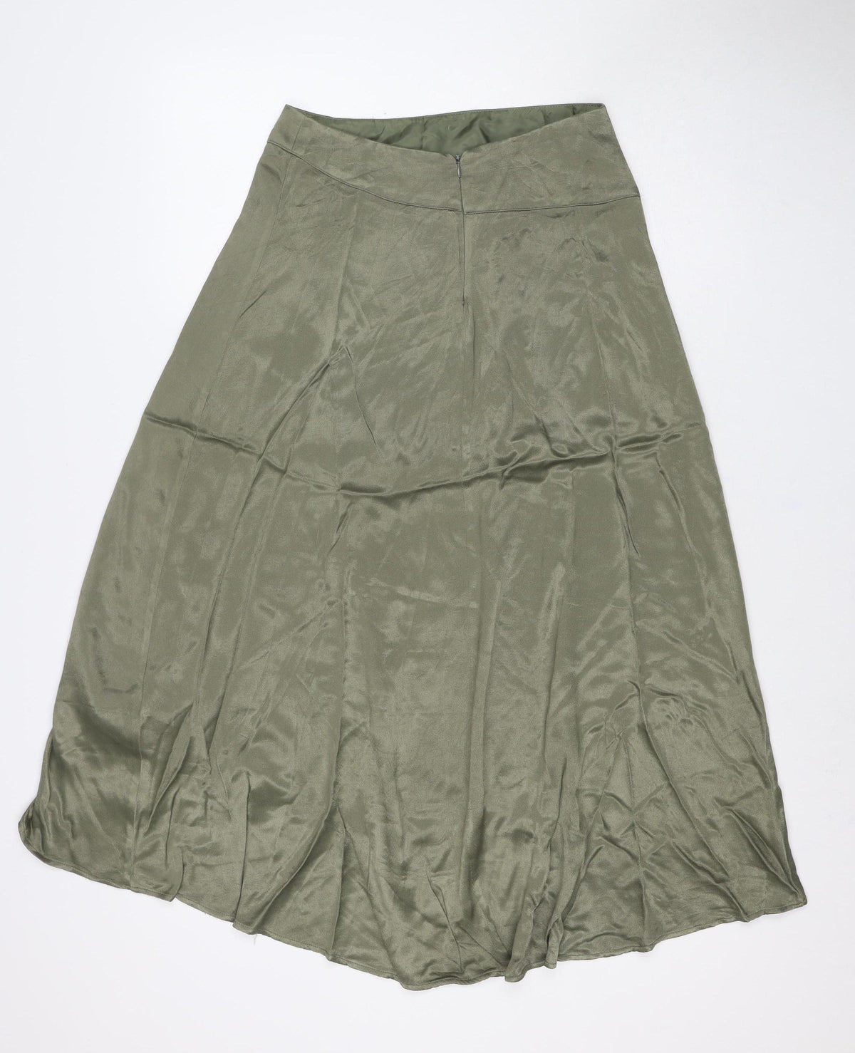 Zara Basic Women Green S Satin Midi A-Line Skirt Zip Lined