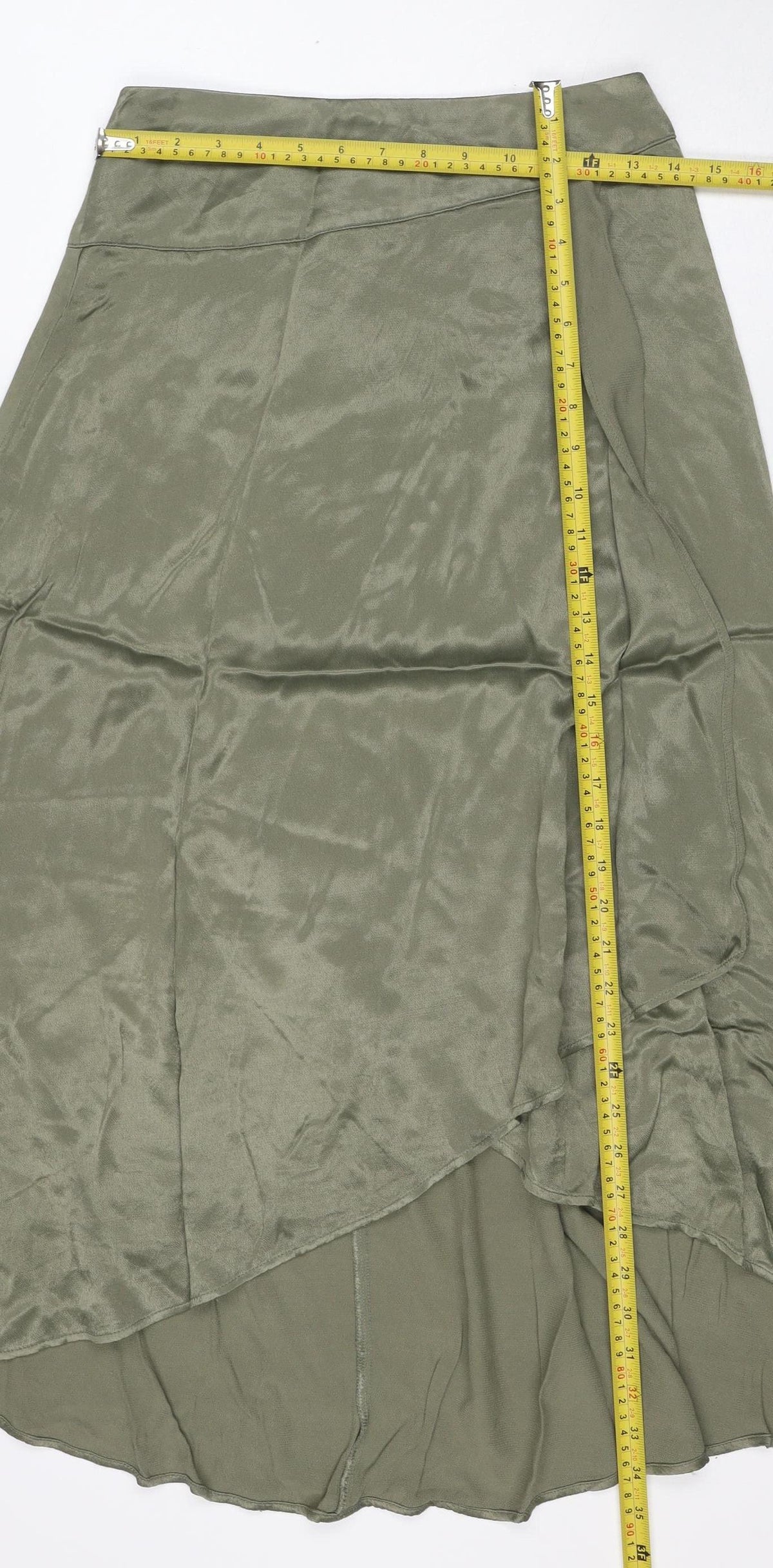 Zara Basic Women Green S Satin Midi A-Line Skirt Zip Lined