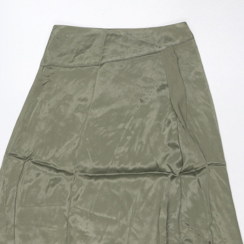 Zara Basic Women Green S Satin Midi A-Line Skirt Zip Lined
