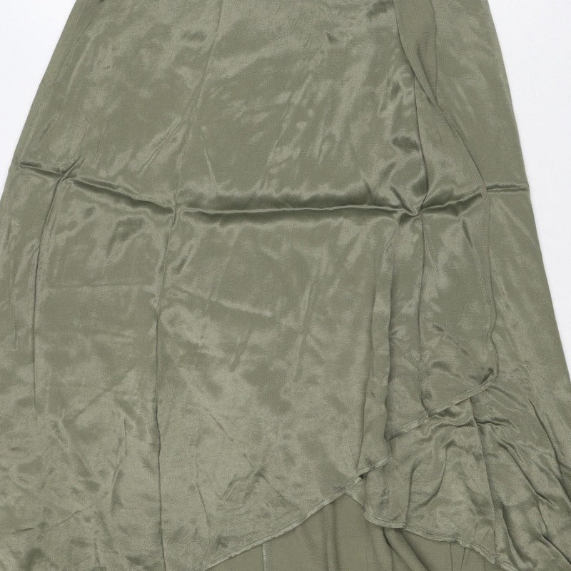 Zara Basic Women Green S Satin Midi A-Line Skirt Zip Lined