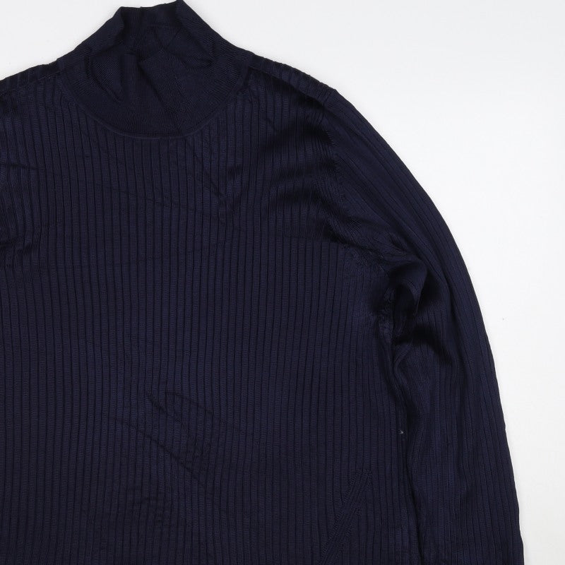 Jaeger Women Navy XL Basic Rib Knit Roll Neck Long Sleeve Top