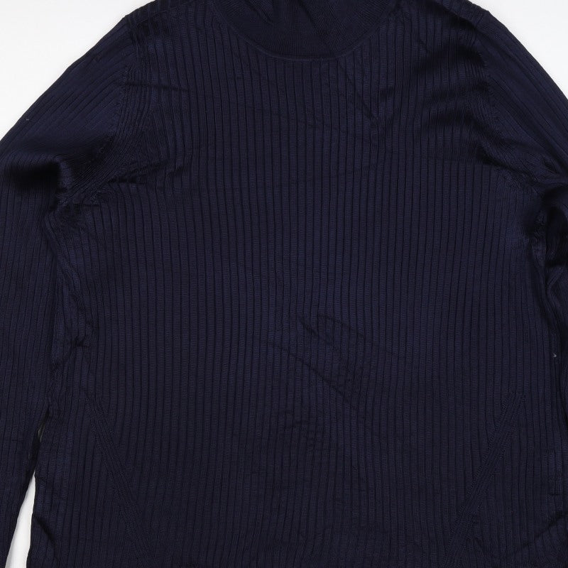 Jaeger Women Navy XL Basic Rib Knit Roll Neck Long Sleeve Top