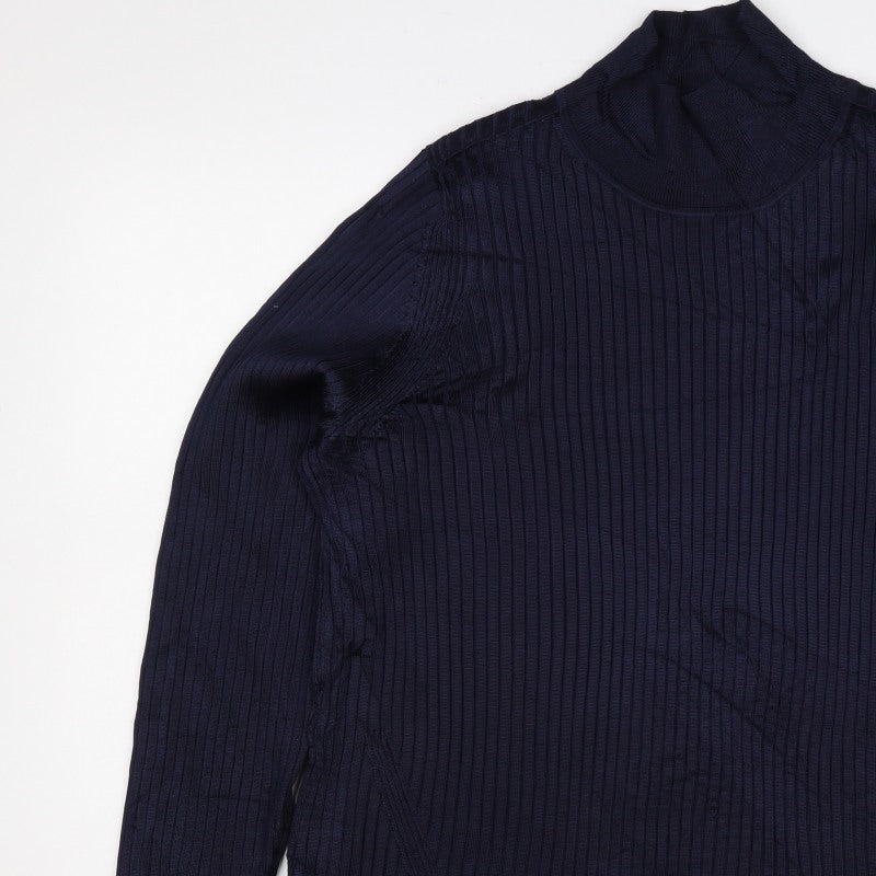 Jaeger Women Navy XL Basic Rib Knit Roll Neck Long Sleeve Top