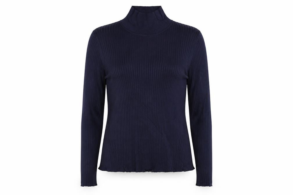 Jaeger Women Navy XL Basic Rib Knit Roll Neck Long Sleeve Top