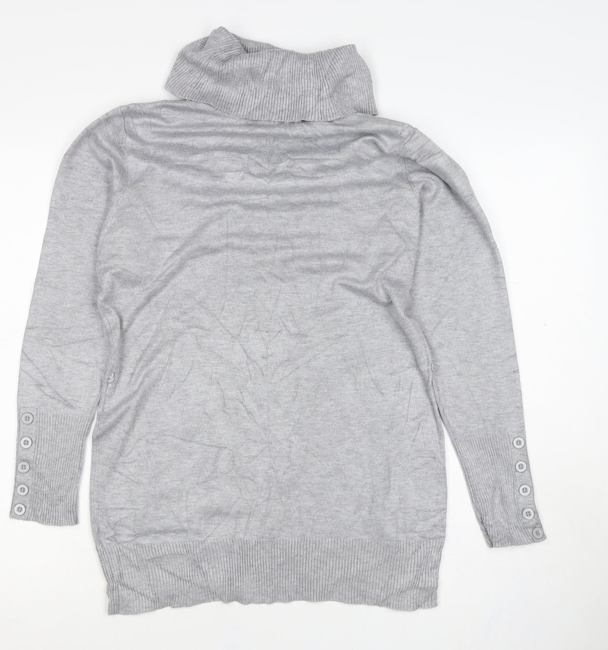M&Co Women Grey Marl M Petite Roll Neck Knit Jumper Button Cuffs
