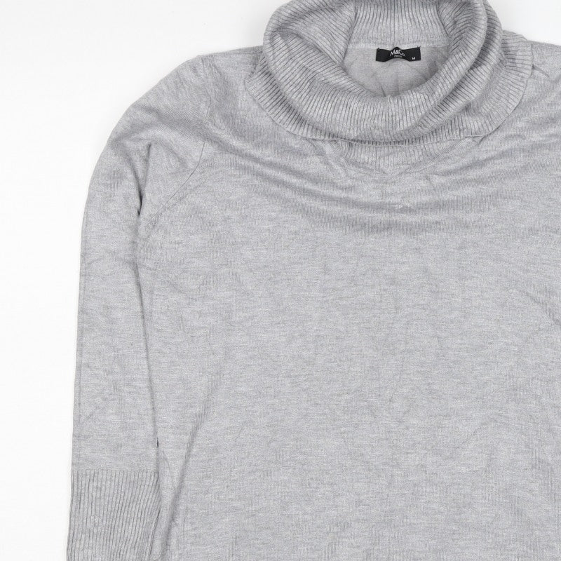 M&Co Women Grey Marl M Petite Roll Neck Knit Jumper Button Cuffs