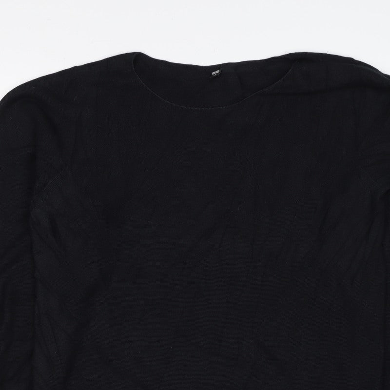 Uniqlo Women Black Cotton Knit Pullover Jumper Size M Long Sleeve
