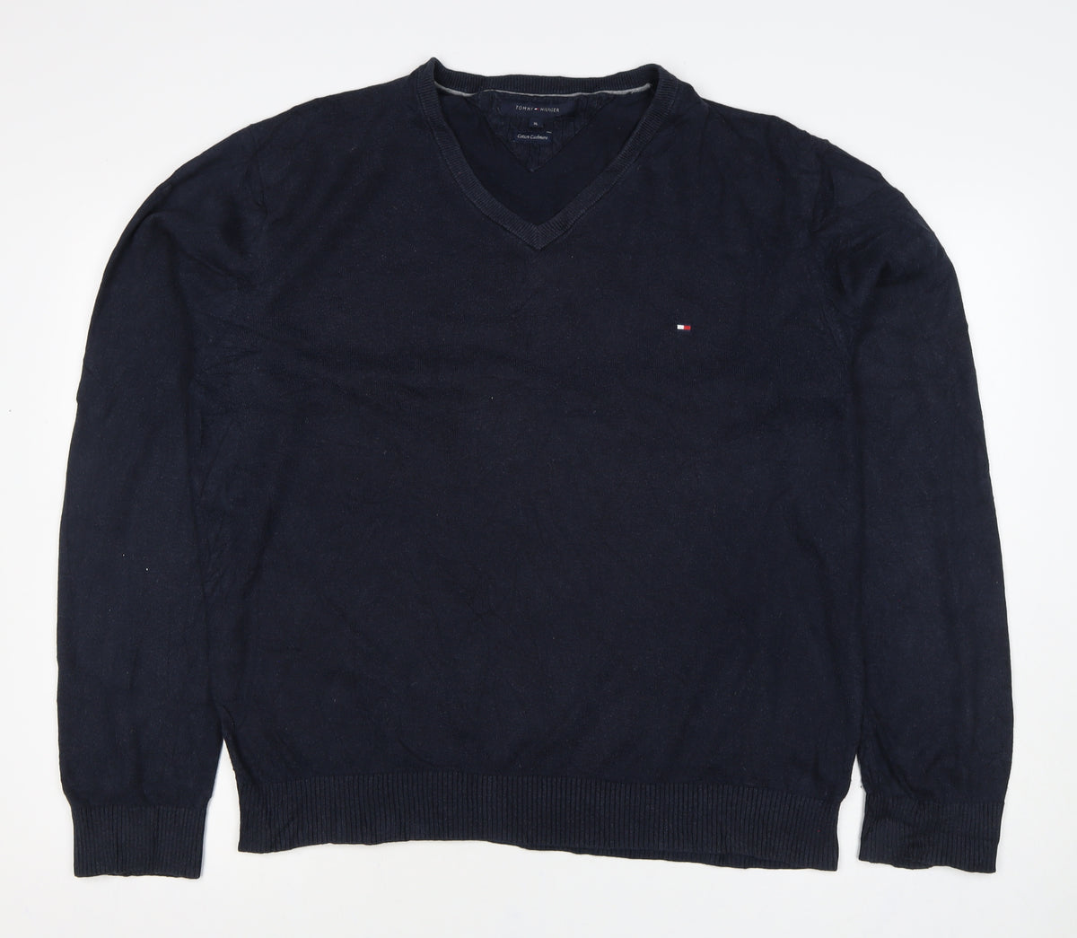 Tommy Hilfiger Men’s Blue XL Cotton Cashmere V-Neck Logo Pullover Jumper