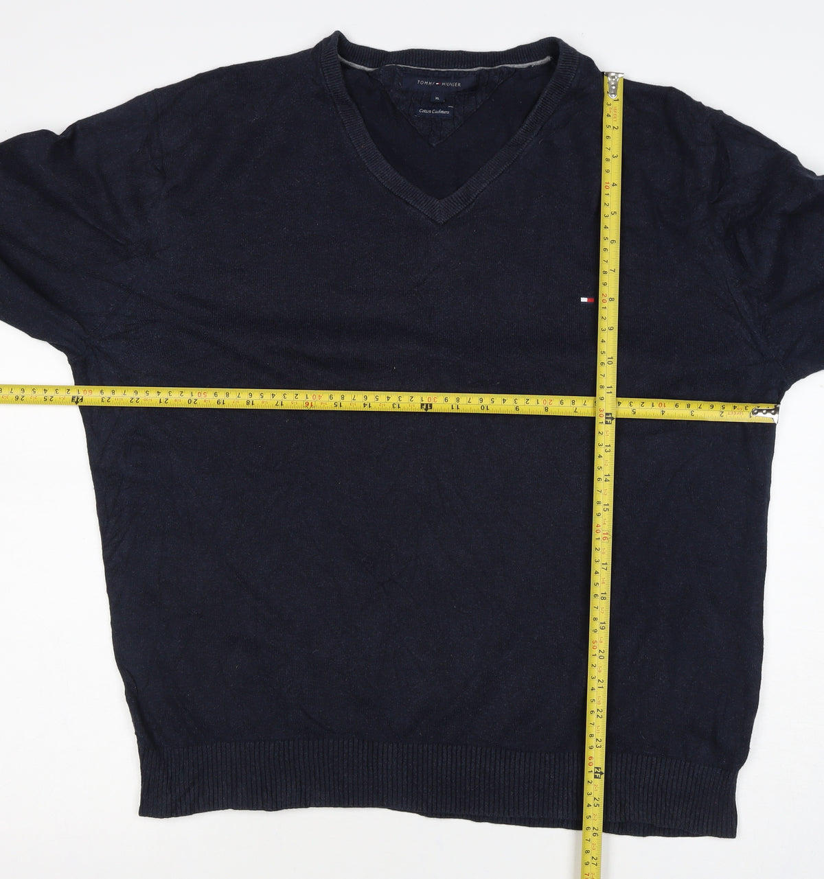 Tommy Hilfiger Men’s Blue XL Cotton Cashmere V-Neck Logo Pullover Jumper