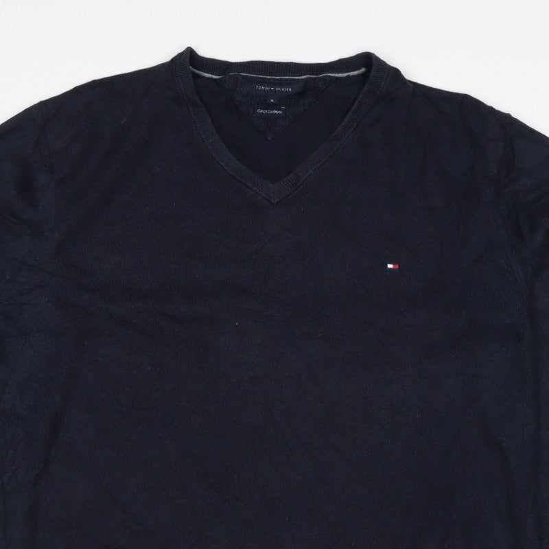 Tommy Hilfiger Men’s Blue XL Cotton Cashmere V-Neck Logo Pullover Jumper