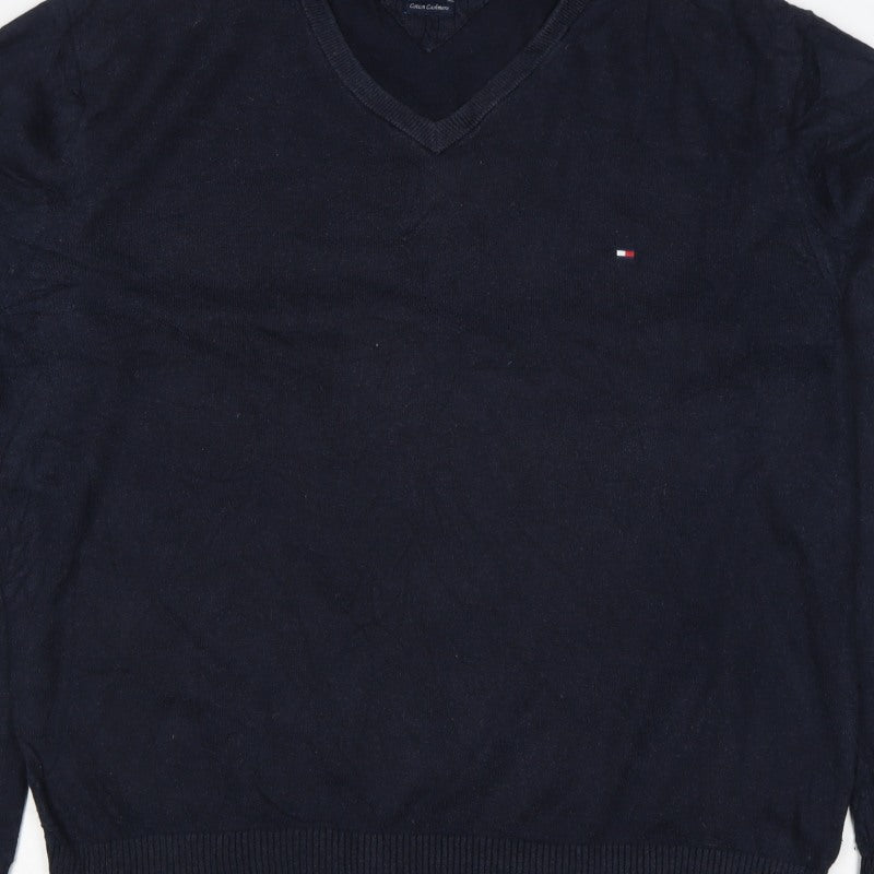 Tommy Hilfiger Men’s Blue XL Cotton Cashmere V-Neck Logo Pullover Jumper