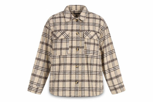 Motel Women’s Beige Brown Plaid Button Shirt Jacket Size S