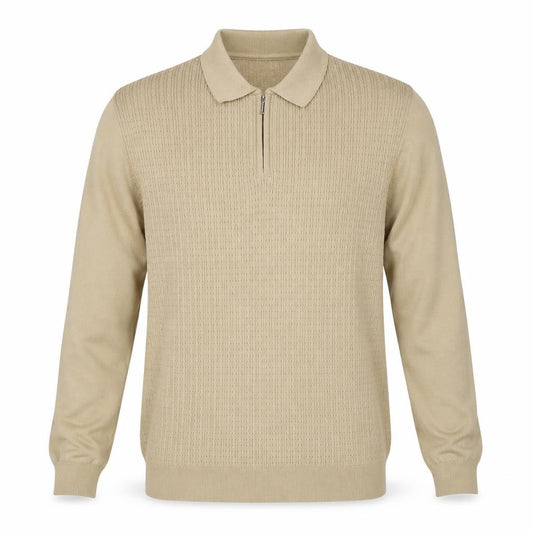 River Island London Men's Beige L Long Sleeve 1/4 Zip Knit Polo