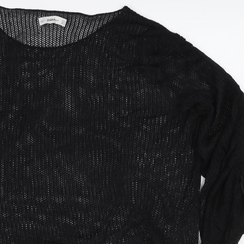 Zara Women Black Size S Sheer Knit Drawstring Sleeve Blouse Top