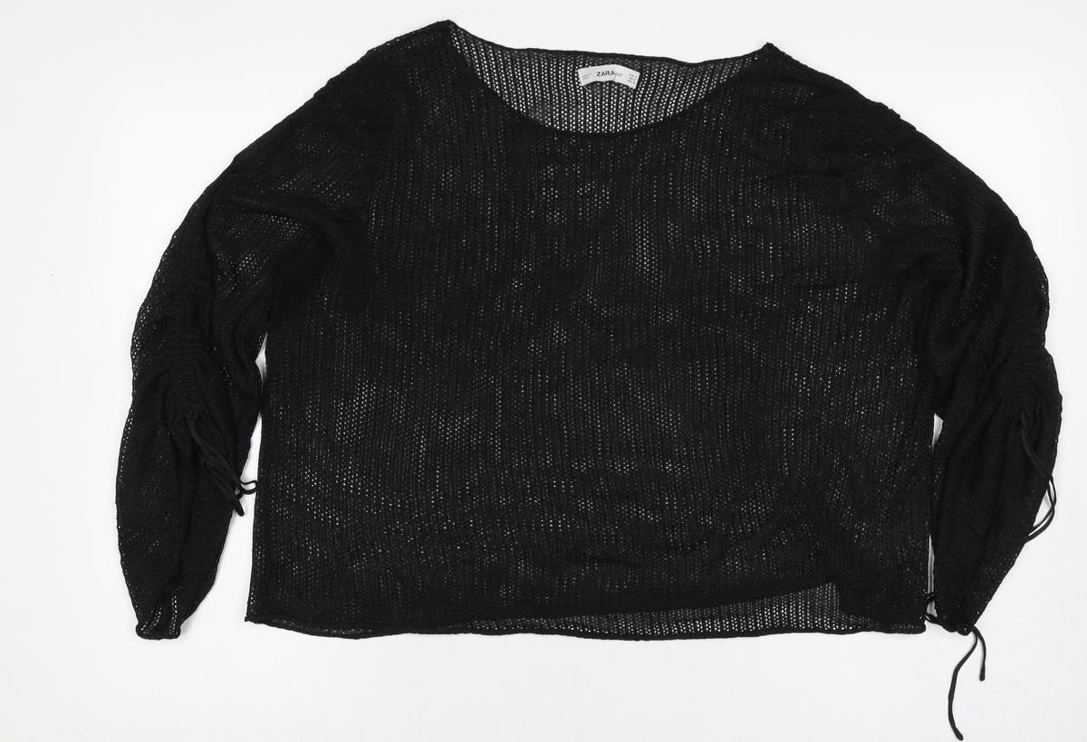 Zara Women Black Size S Sheer Knit Drawstring Sleeve Blouse Top