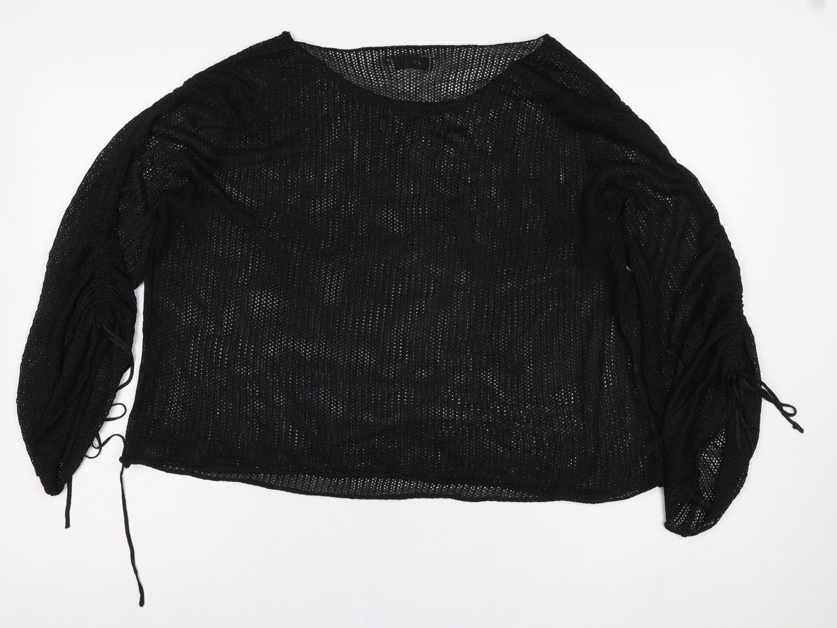 Zara Women Black Size S Sheer Knit Drawstring Sleeve Blouse Top