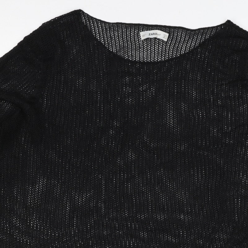 Zara Women Black Size S Sheer Knit Drawstring Sleeve Blouse Top