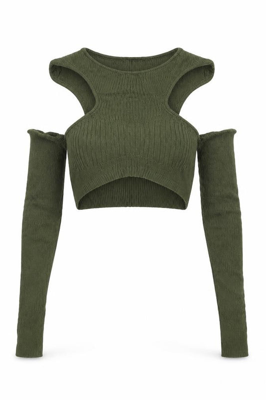 Luxe To Kill Women Green UK 8 Cropped Cold Shoulder Knit Top