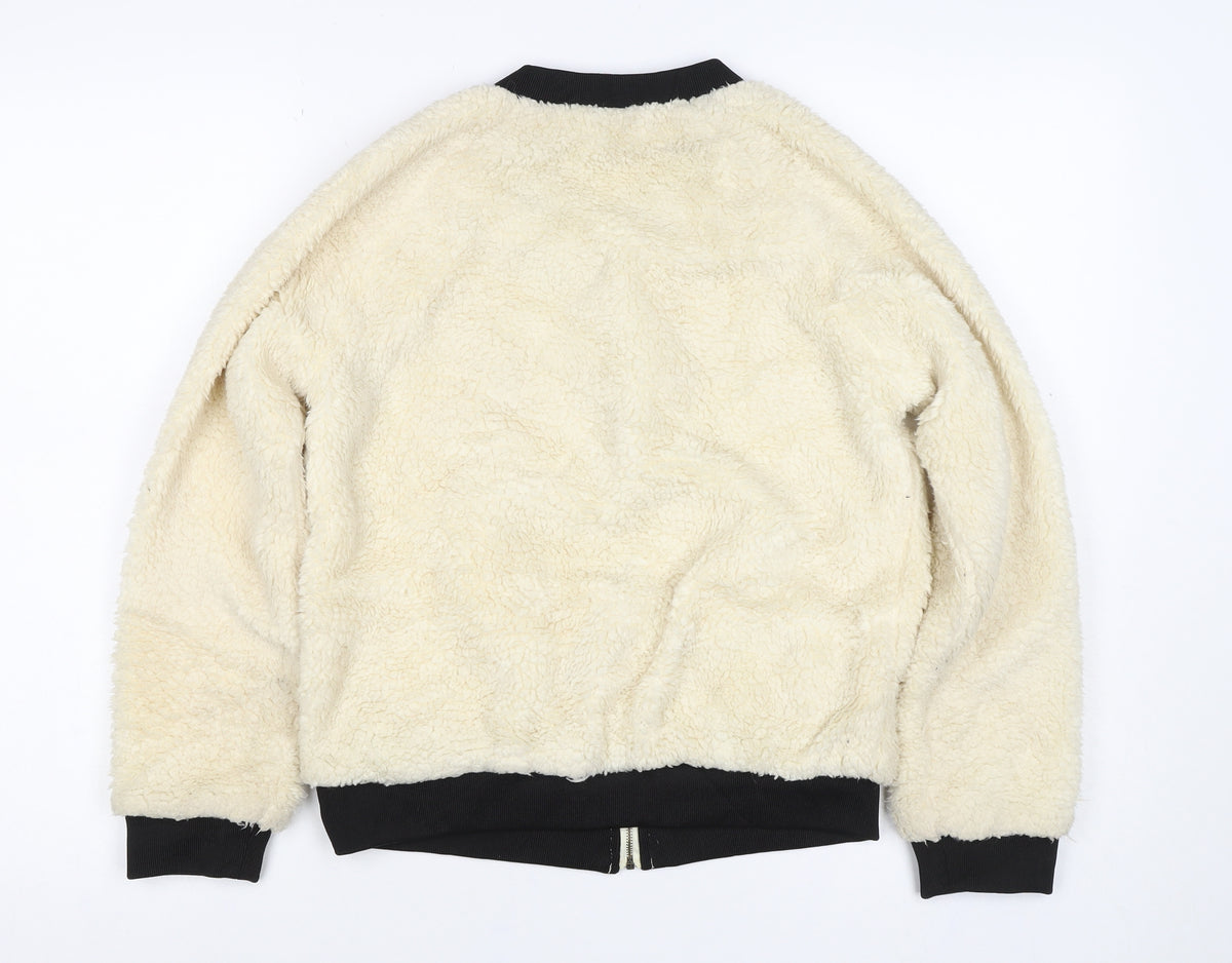 Monteau Women Ivory Teddy Fleece Bomber Jacket Size M Full Zip