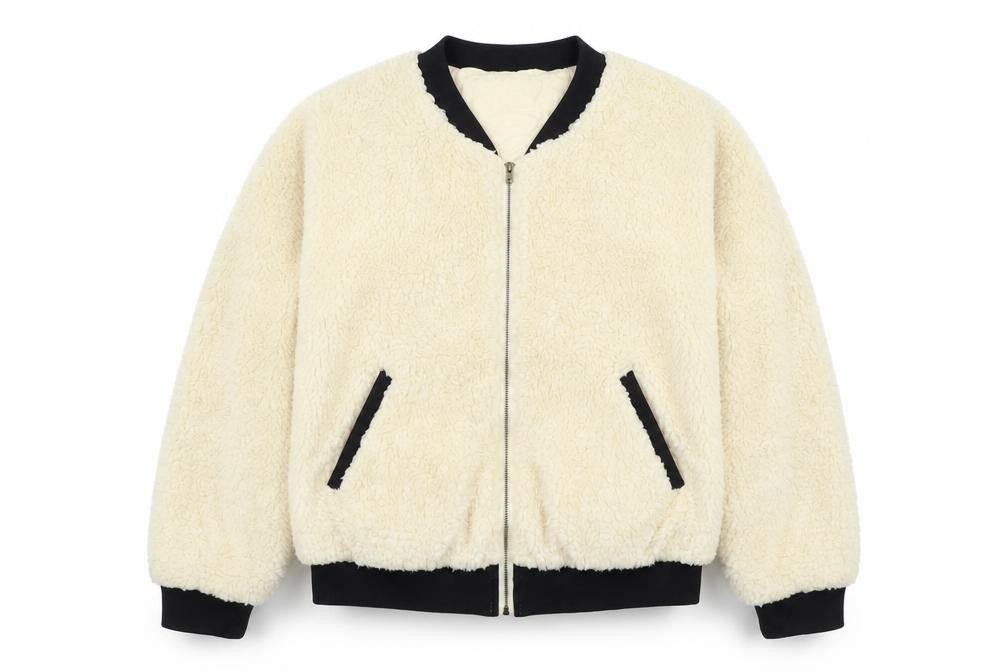 Monteau Women Ivory Teddy Fleece Bomber Jacket Size M Full Zip