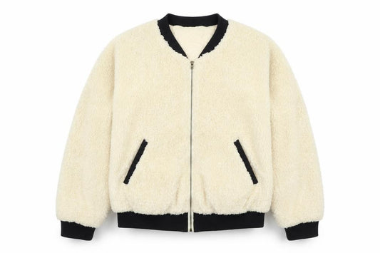 Monteau Women Ivory Teddy Fleece Bomber Jacket Size M Full Zip