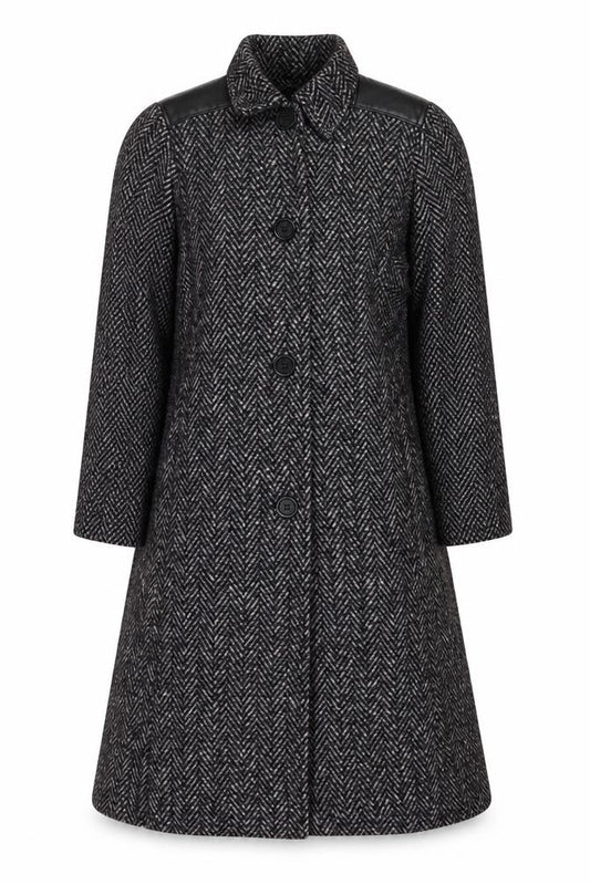 Piaf Paris Women’s Black Grey Wool Herringbone Belted Overcoat UK 8
