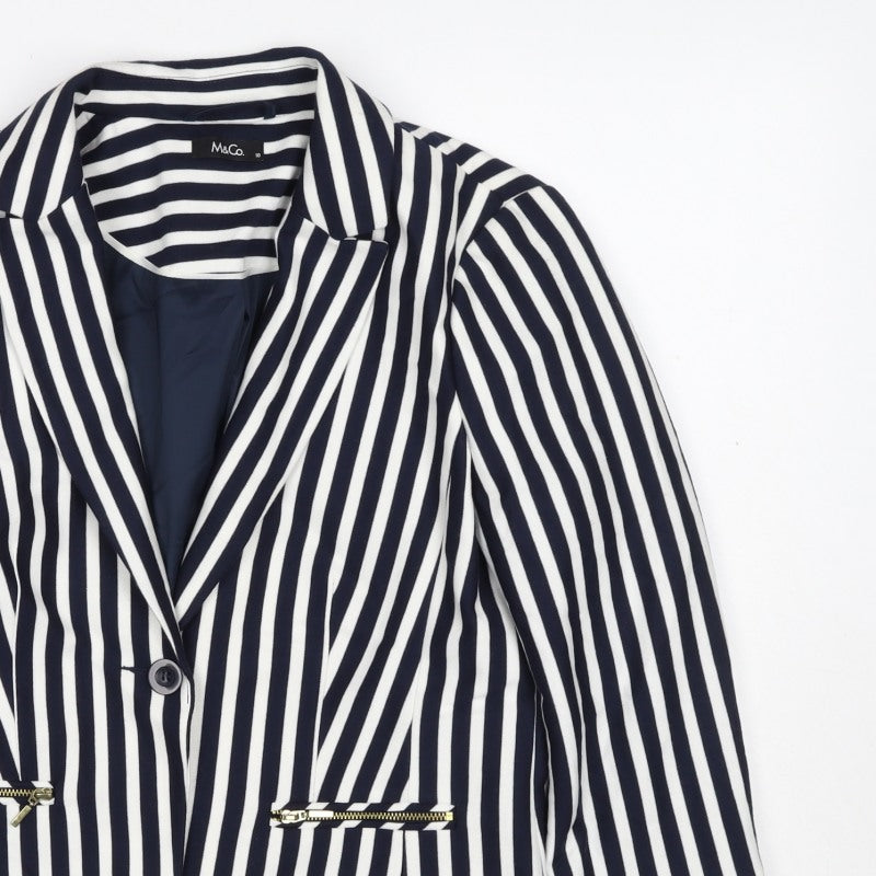 M&Co Women Navy White UK 10 Striped One Button Lined Blazer Jacket