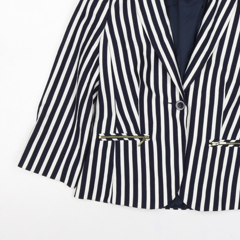 M&Co Women Navy White UK 10 Striped One Button Lined Blazer Jacket