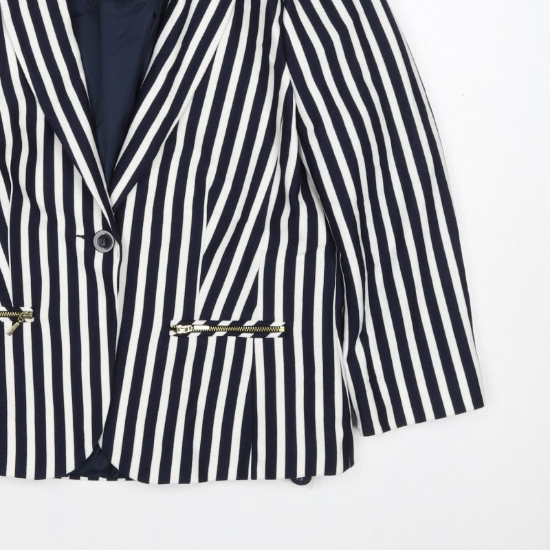 M&Co Women Navy White UK 10 Striped One Button Lined Blazer Jacket
