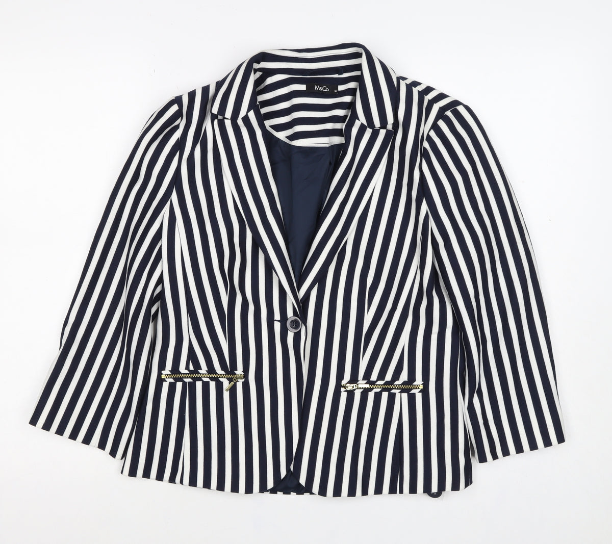 M&Co Women Navy White UK 10 Striped One Button Lined Blazer Jacket