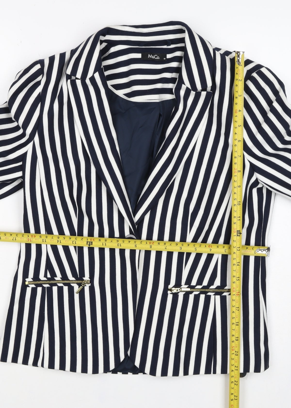 M&Co Women Navy White UK 10 Striped One Button Lined Blazer Jacket