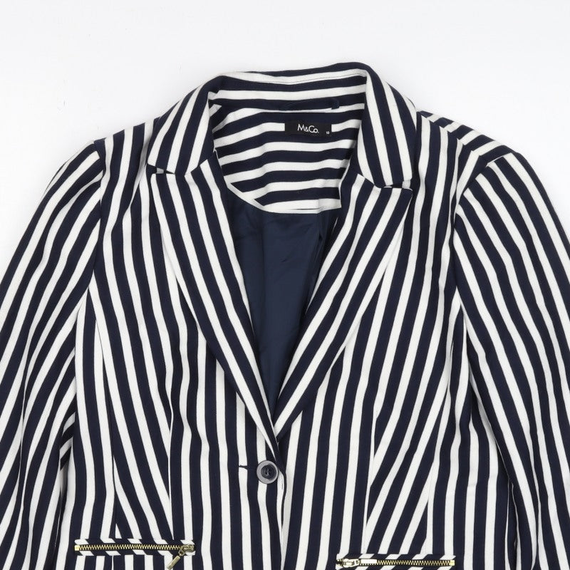 M&Co Women Navy White UK 10 Striped One Button Lined Blazer Jacket