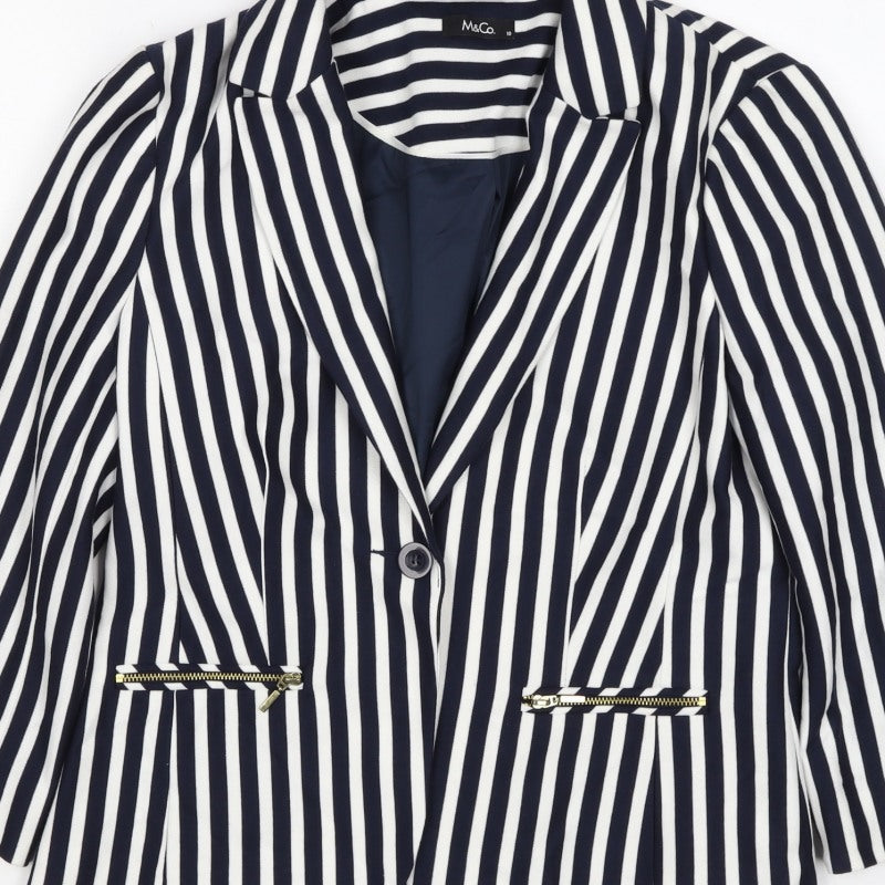 M&Co Women Navy White UK 10 Striped One Button Lined Blazer Jacket