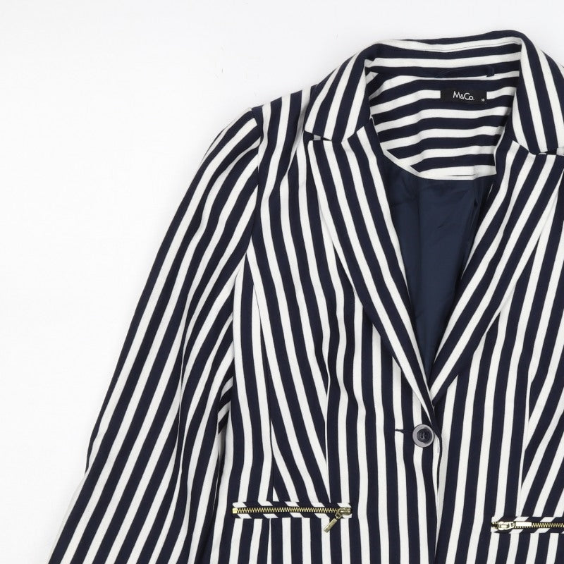 M&Co Women Navy White UK 10 Striped One Button Lined Blazer Jacket