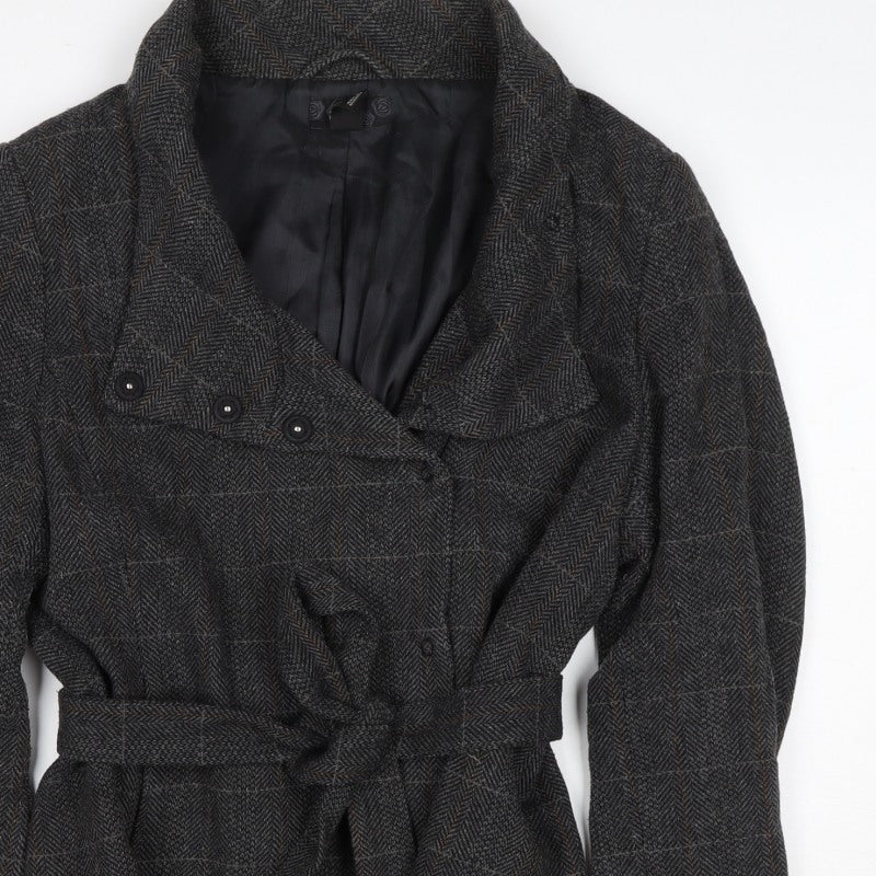 H&M Women’s Grey Wool Blend Belted Herringbone Check Jacket UK 18