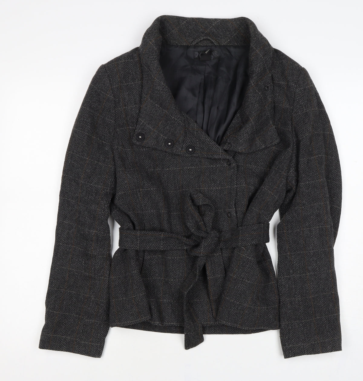 H&M Women’s Grey Wool Blend Belted Herringbone Check Jacket UK 18