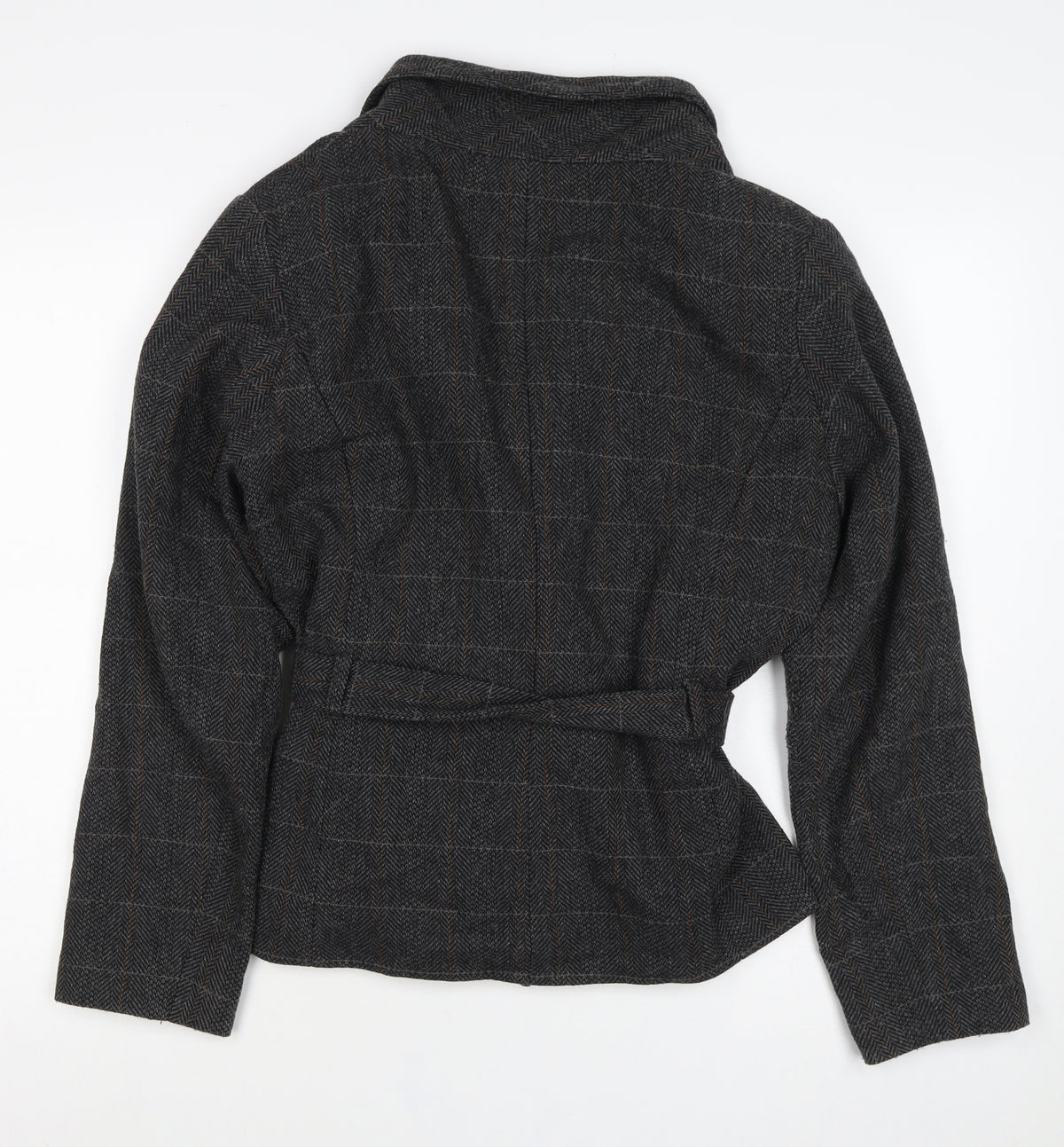 H&M Women’s Grey Wool Blend Belted Herringbone Check Jacket UK 18