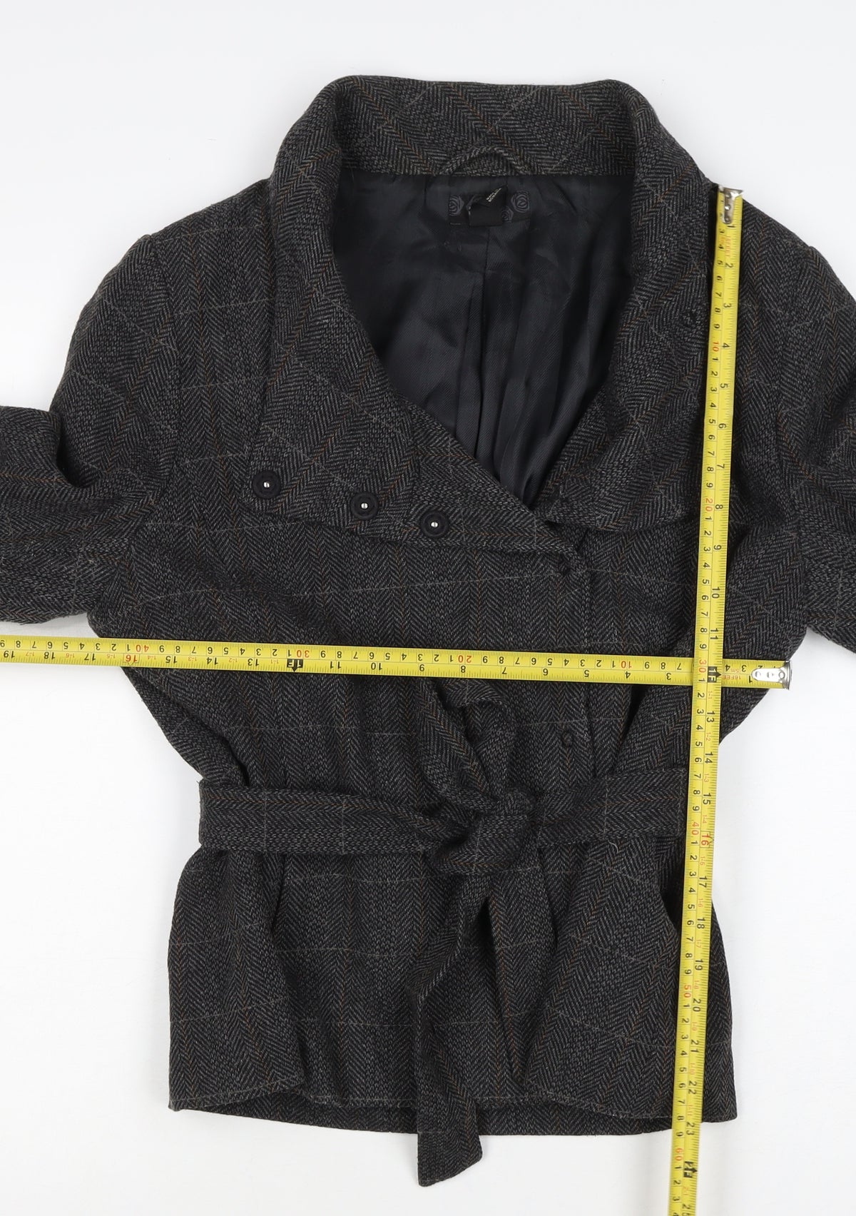 H&M Women’s Grey Wool Blend Belted Herringbone Check Jacket UK 18