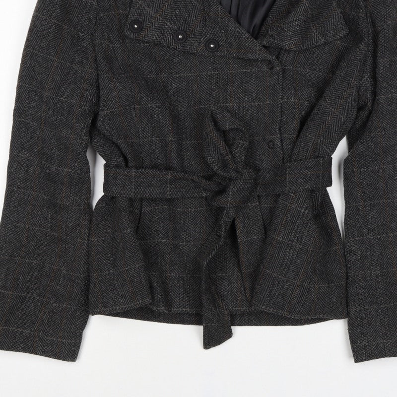 H&M Women’s Grey Wool Blend Belted Herringbone Check Jacket UK 18